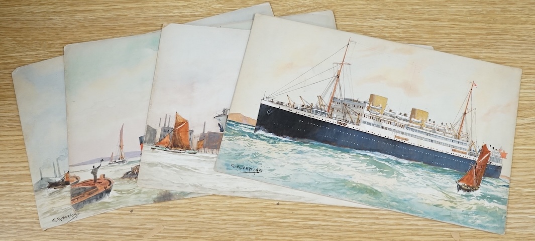 Charles R. Hopkins, set of four original watercolours for postcard designs, maritime ocean liners, to include Orient Liner on the Lower Thames, RMS Mooltan, P&O Line and RMS Asturias Royal Mail Liner, each signed, 17 x 2
